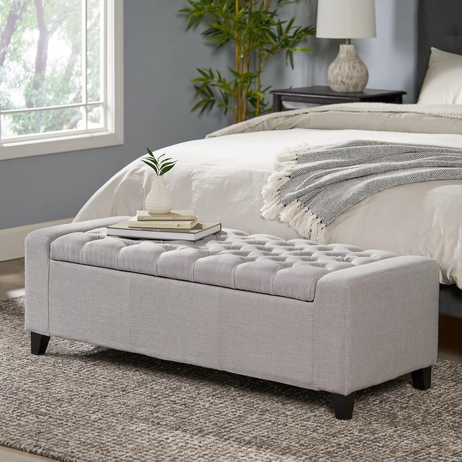 Light Gray Tufted Fabric Storage Ottoman Bench