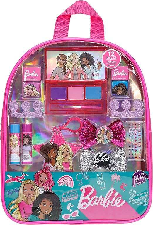 Barbie - Townley Girl Backpack Cosmetic Makeup Gift Bag Set 12 Pcs includes Lip Gloss, Nail Polish & Hair Accessories for Kids Teen Tween Girls, Ages 3+ perfect for Parties, Sleepovers and Makeovers
