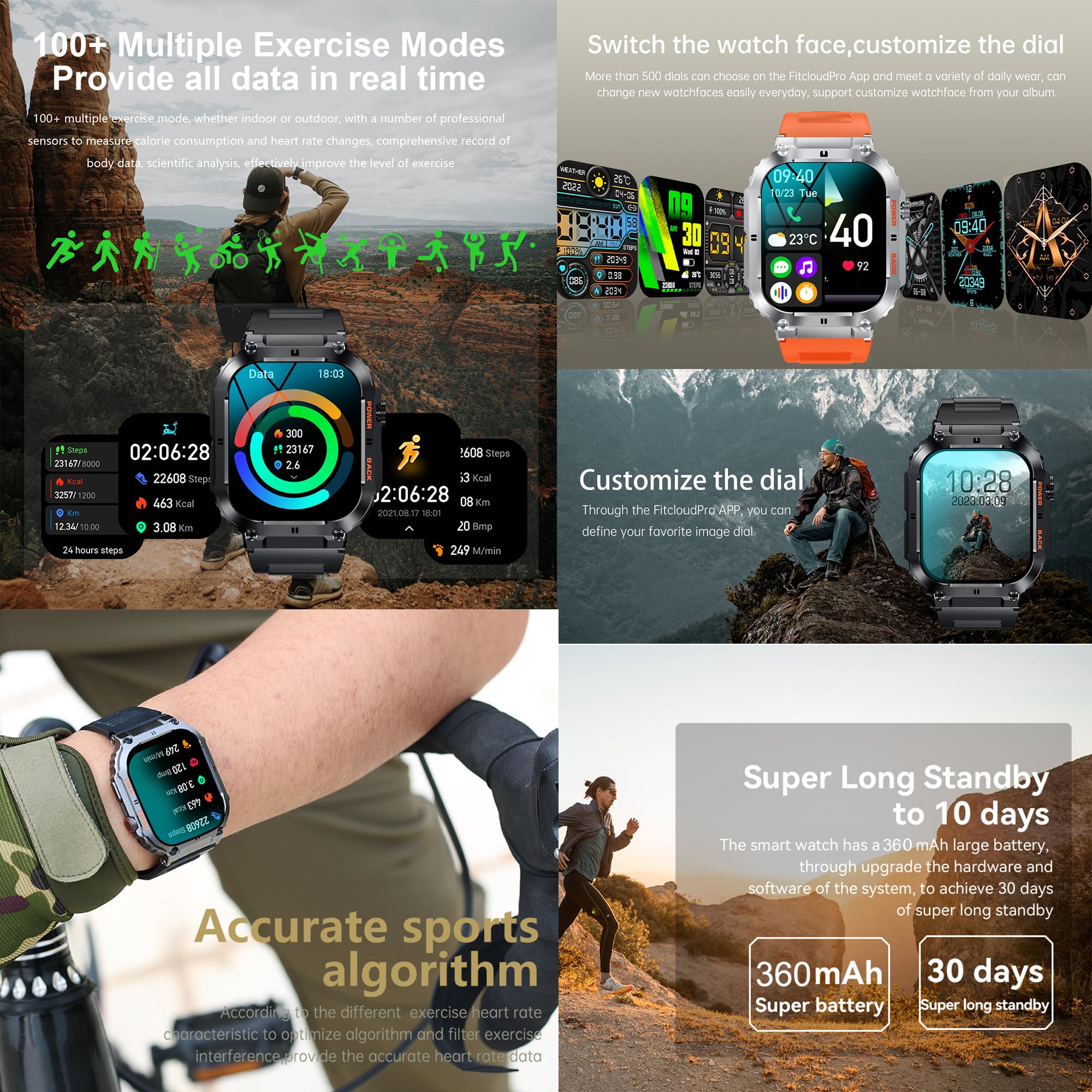Montre Connectée Homme avec Appel Bluetooth 5.1/Numérotation, 1.96" Smartwatch avec 123 Sportifs Cardiofrequencemètre Moniteur de Sommeil, 3 Bracelets, Fitness Tracker pour Android iOS (Noir)