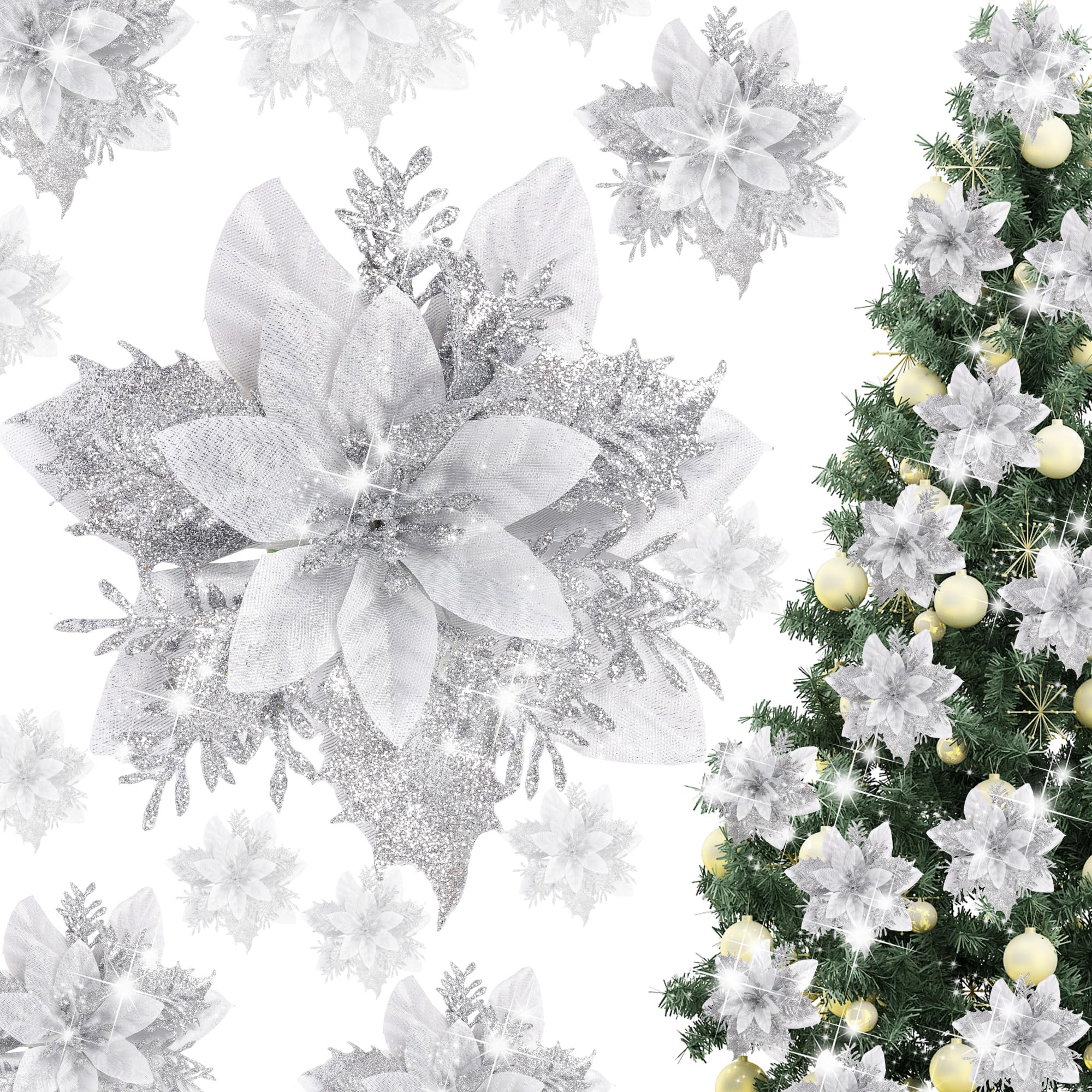 TIYCNIY 15 Pieces Glitter Poinsettia Christmas Decorations,Artificial Flowers Christmas Tree Ornaments,for New Year Wedding Xmas Wreath Home Party Decor (Silver)
