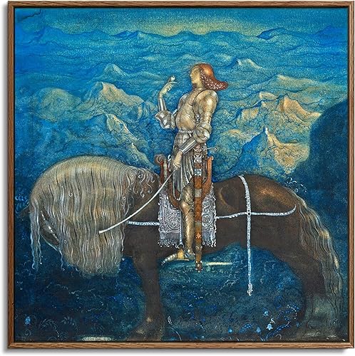 John Bauer - Lienzo con marco flotante cuadrado, ilustración de cuento de hadas, un caballero montando en un caballo, 16 x 16 pulgadas