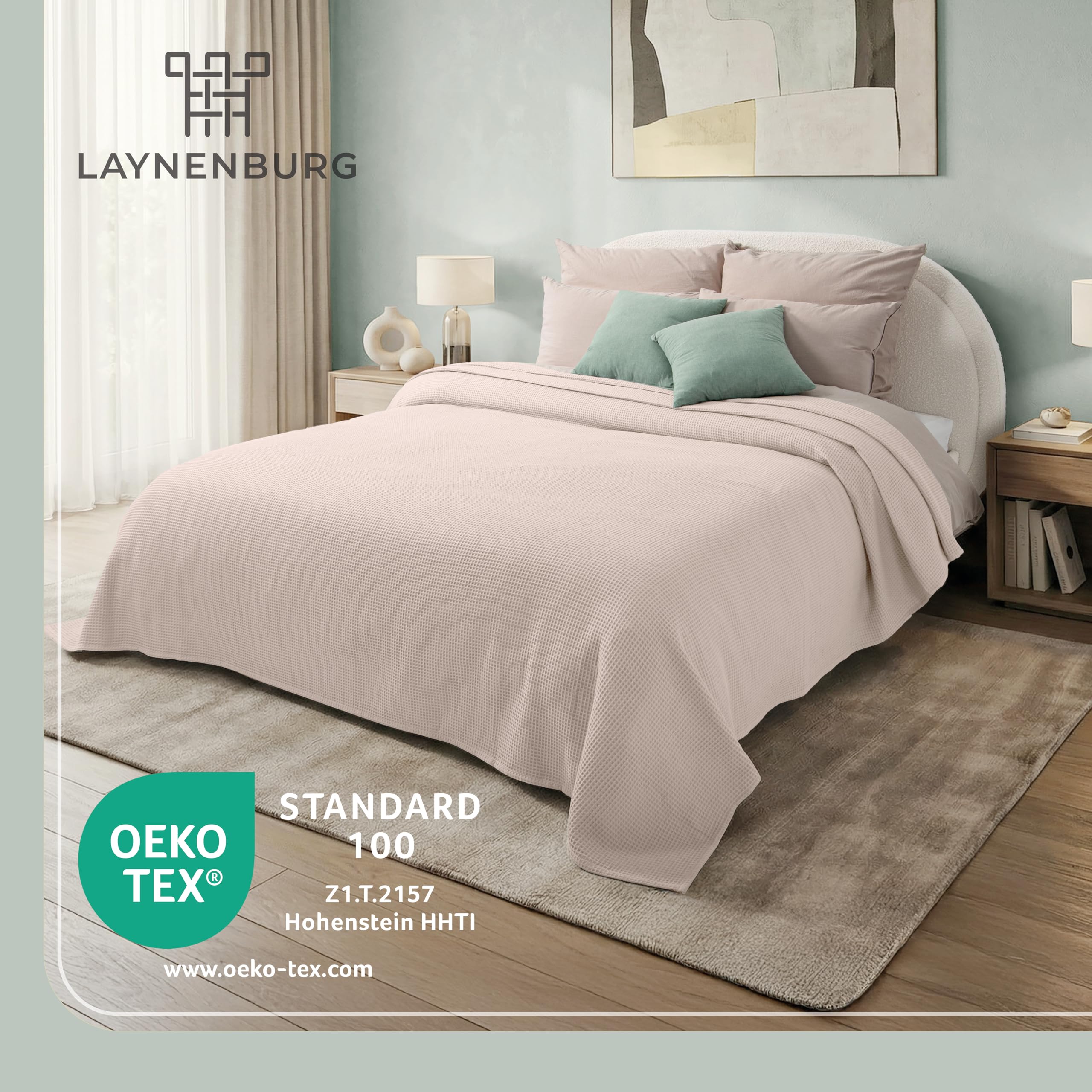 LAYNENBURG Narzuta premium 180 x 220 cm - Pique waflowe 100% bawełna - lekka narzuta domowa o wyglądzie waflowym - narzuta bawełniana jako narzuta na łóżko, narzuta na sofę, narzuta na kanapę - koc na