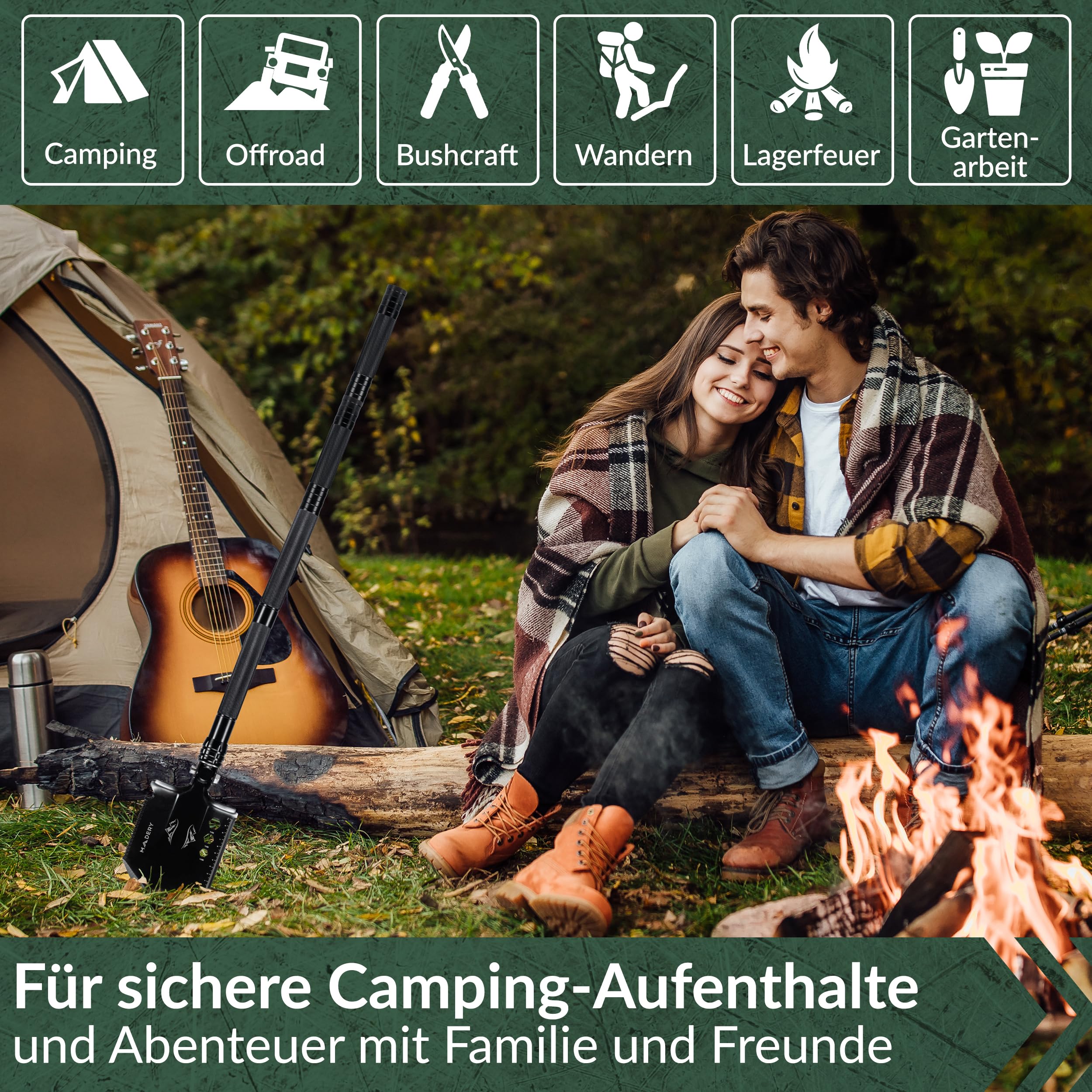 Klappspaten 11-in-1 Edelstahl Survival Schaufel | mit Tasche, für Camping, Auto & Garten, Geschenkidee für Männer