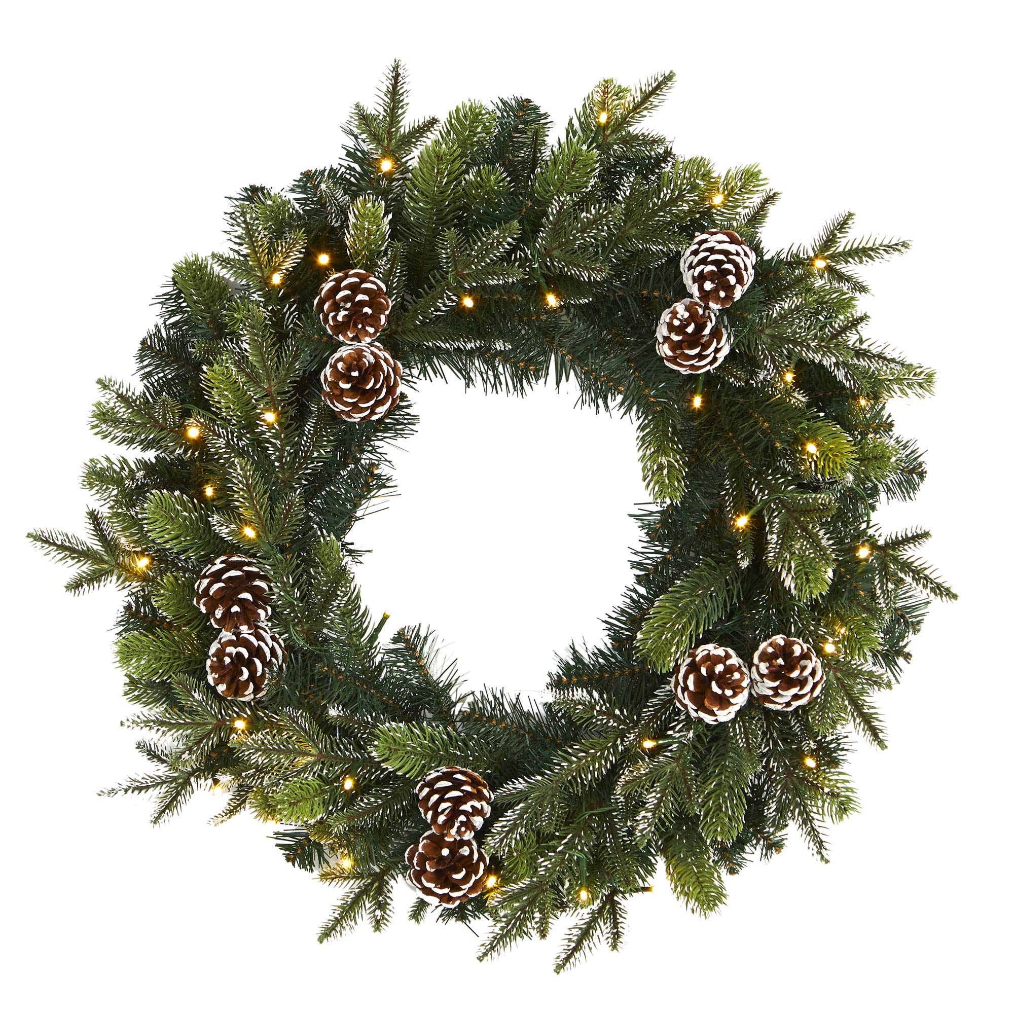 Nearly Natural 24in. Snowed Pinecone Artificial Christmas Wreath with 35 Clear LED Lights, Green