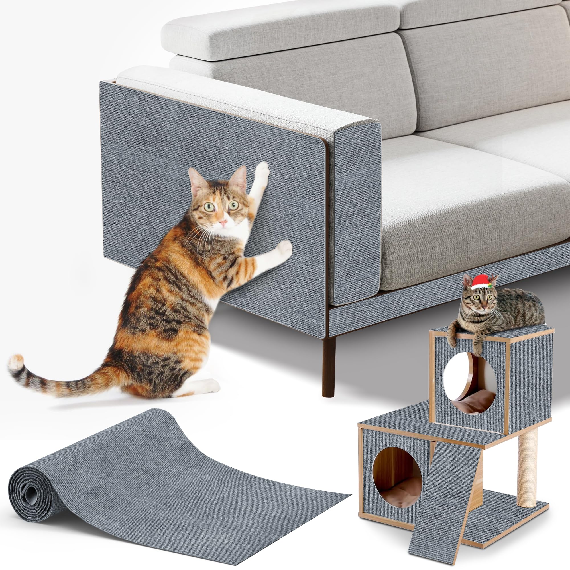 Cat Scratching mat Self-Adhesive, Trimmable Furniture Protector for Couch, Sofa, Wall & Cat Trees - Durable Scratch Pad with Nano Tape, DIY Climbing Carpet for Indoor Cats (Light Grey, 23.6"x15.8")