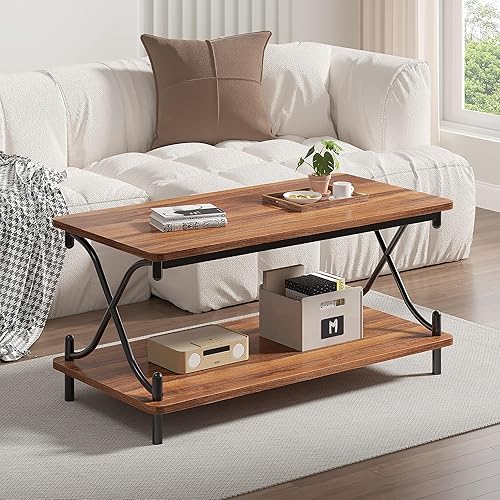 VECELO Coffee Table for Living Room with Round Corners Modern Farmhouse Center Table with Storage Shelf for Home Office 39 Inch, Easy Assembly, Retro Brown
