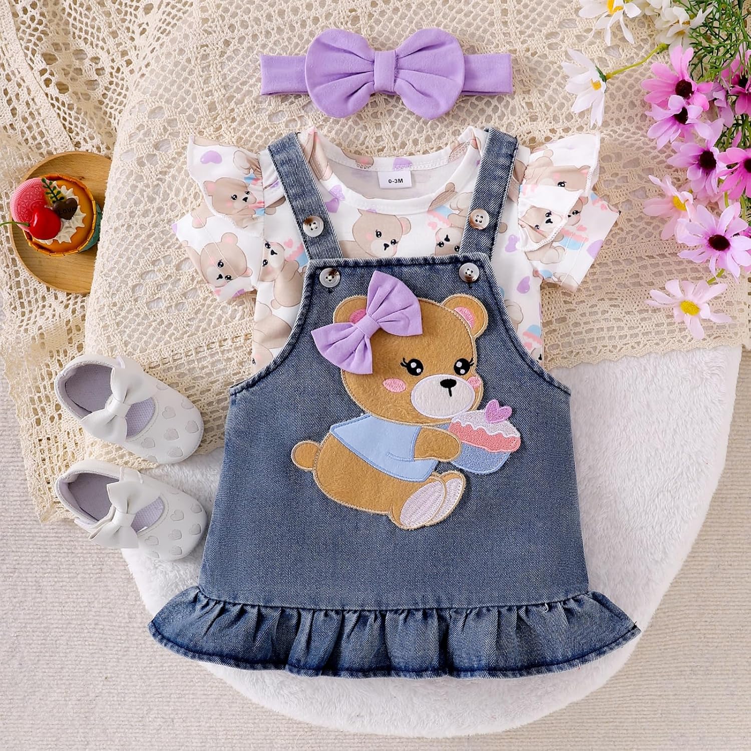 Baby Girl Clothes Suspender Skirt Newborn Ruffle Romper Cute Bear Jeans Dress Bow Headband Summer Outfits 0-18 Months Purple 3-6 Months image 2 of 9 B0DM5C8JV7