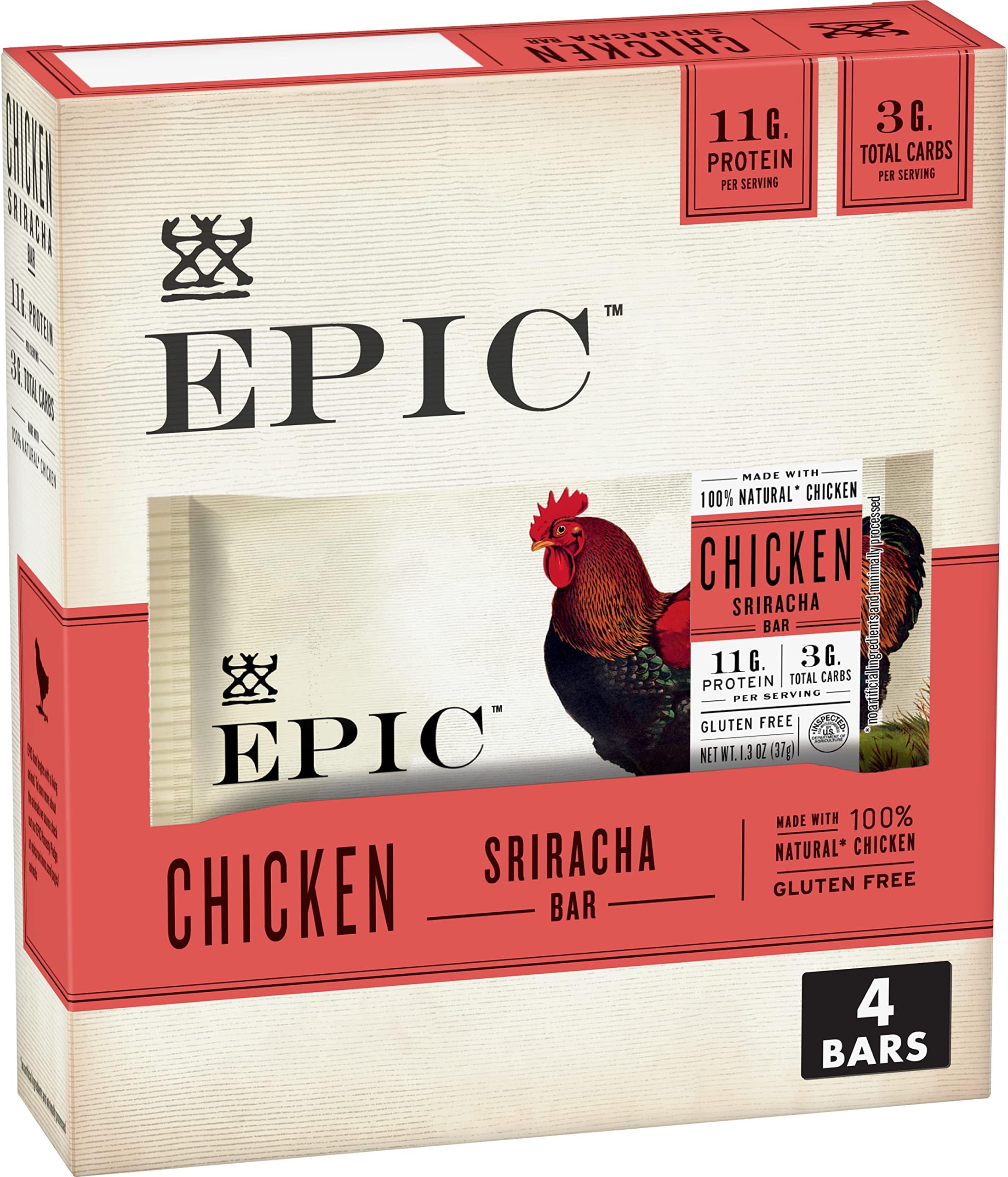 Chicken Sriracha Bar, Keto and Paleo Friendly, Protein Bars, 4 Ct, 5.2 oz