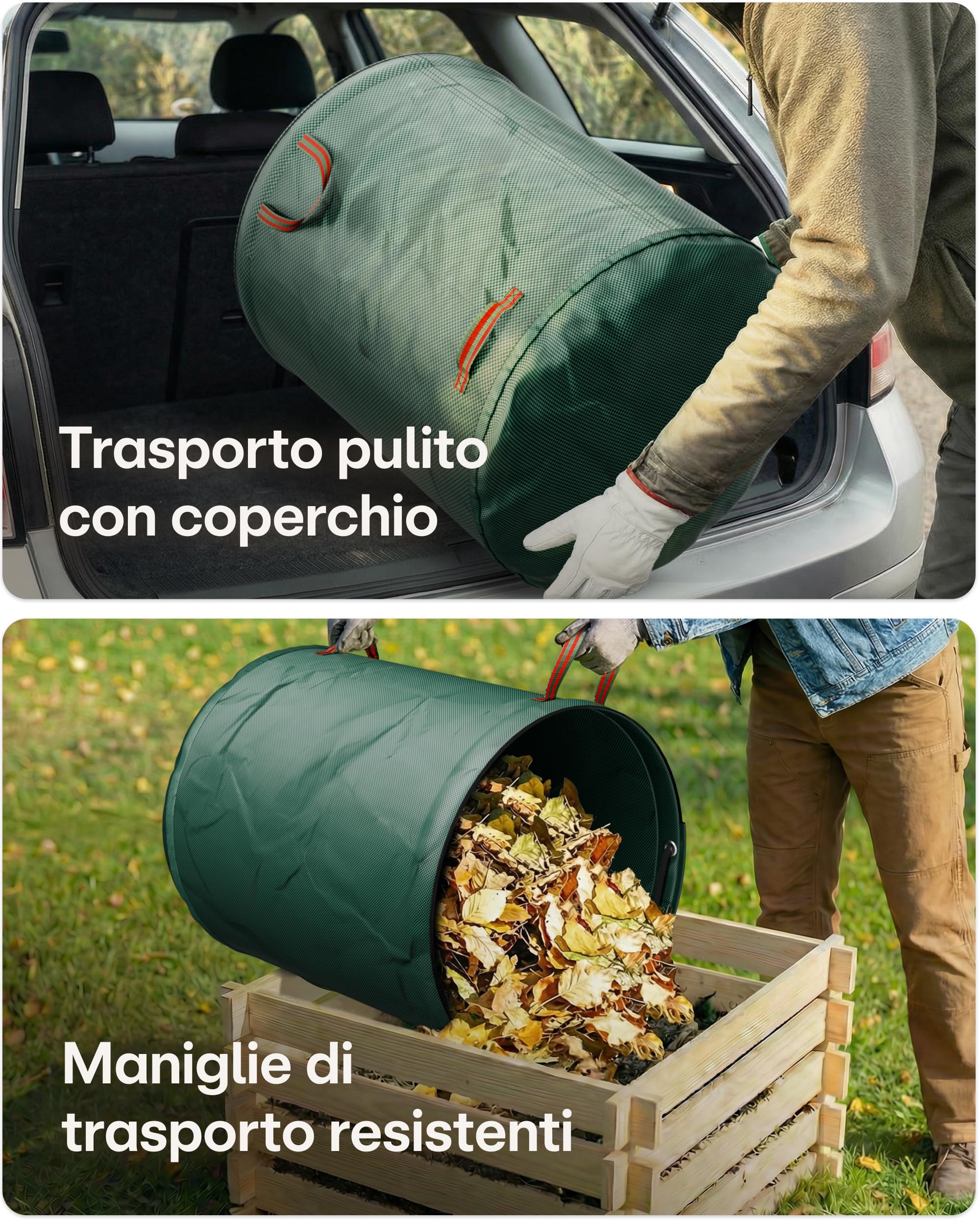 Praknu 2 Sacchi Giardinaggio 500 Litri con Coperchio a Zip - Sacchi Pieghevoli con 4 Maniglie Antistrappo - Sacco Giardino Raccogliere le Foglie - Sacco Erba Tagliata Giardino - Sacchi Giardino