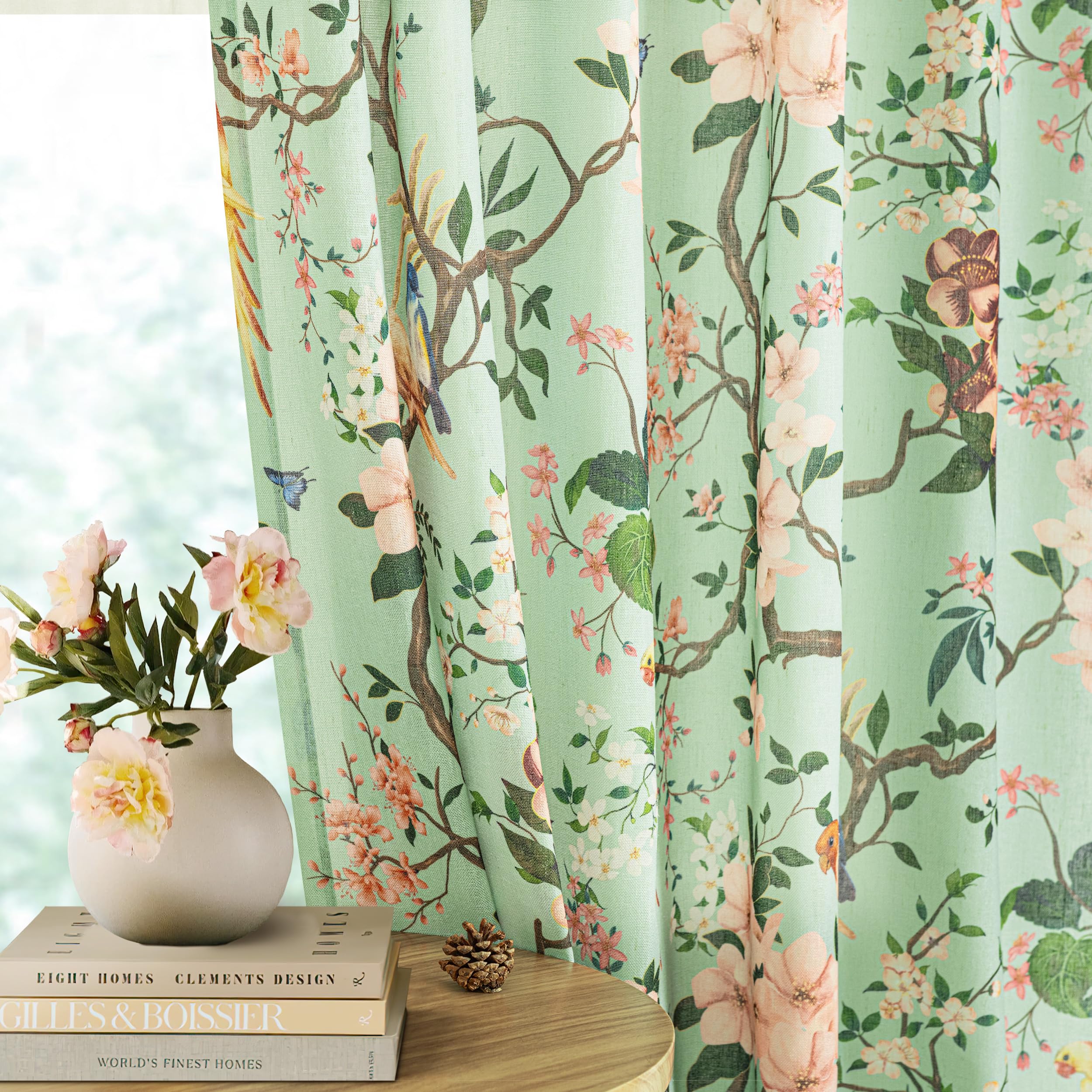 Green Patterned Linen Curtains for Living Room 90 Inches Long 2 Panels | Farmhouse,Vintage Boho,Back Tab,Bird Leaf,Light Filtering,Sheer Window Drapes,for Bedroom Dining Room,Seafoam Light Green