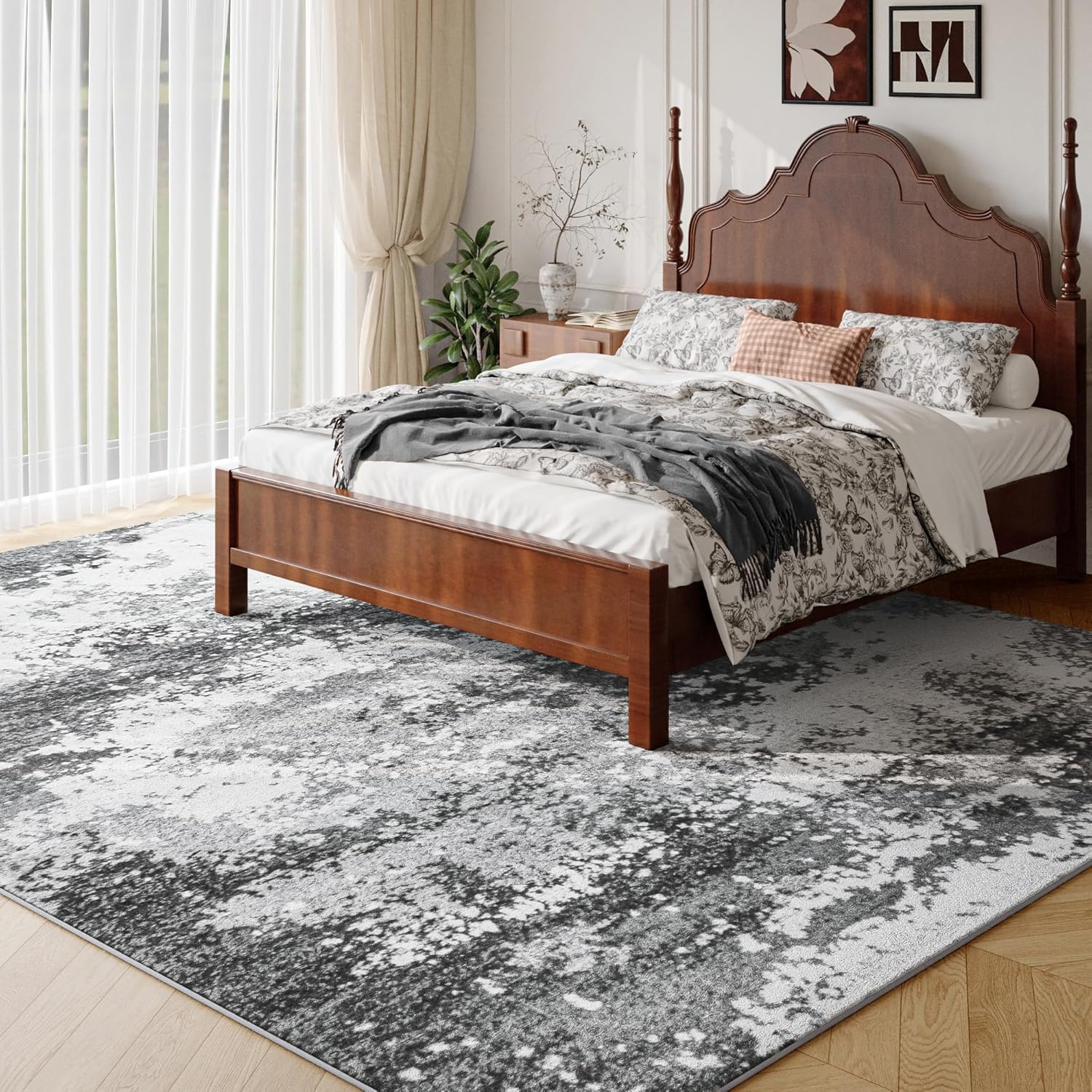 Washable Rug for Living Room Bedroom Carpet, Grey Indoor Vintage Abstract Boho Large Rug Non Slip Faux Wool Rugs for Dorm, Dining Room Table, Nursery, Kids Grey