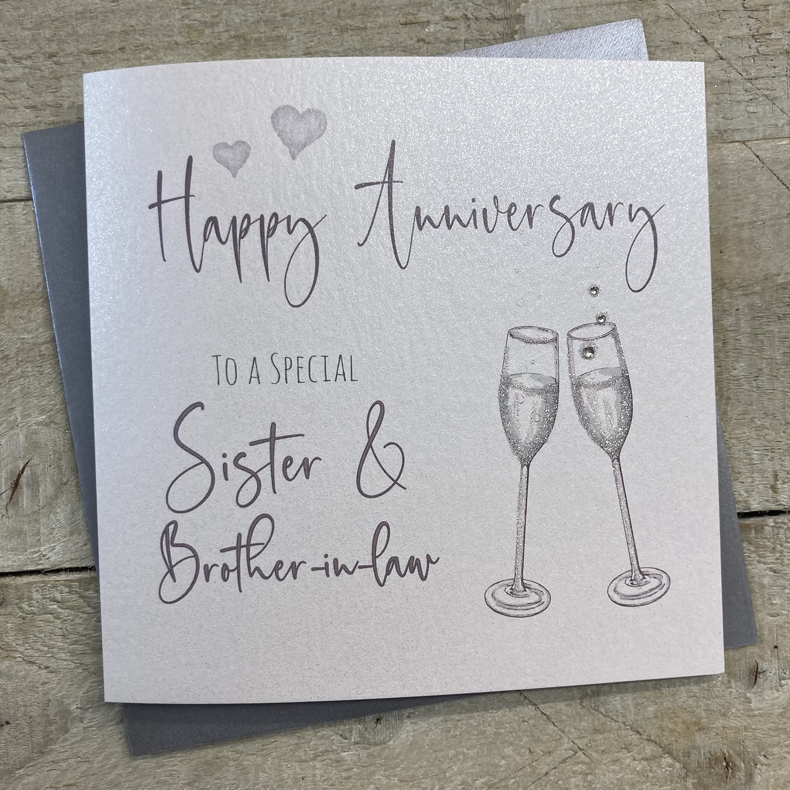 WHITE COTTON CARDS Happy Anniversary Handmade Card to a Special Sister and Brother-in-Law with Champagne Glasses, White, BD77