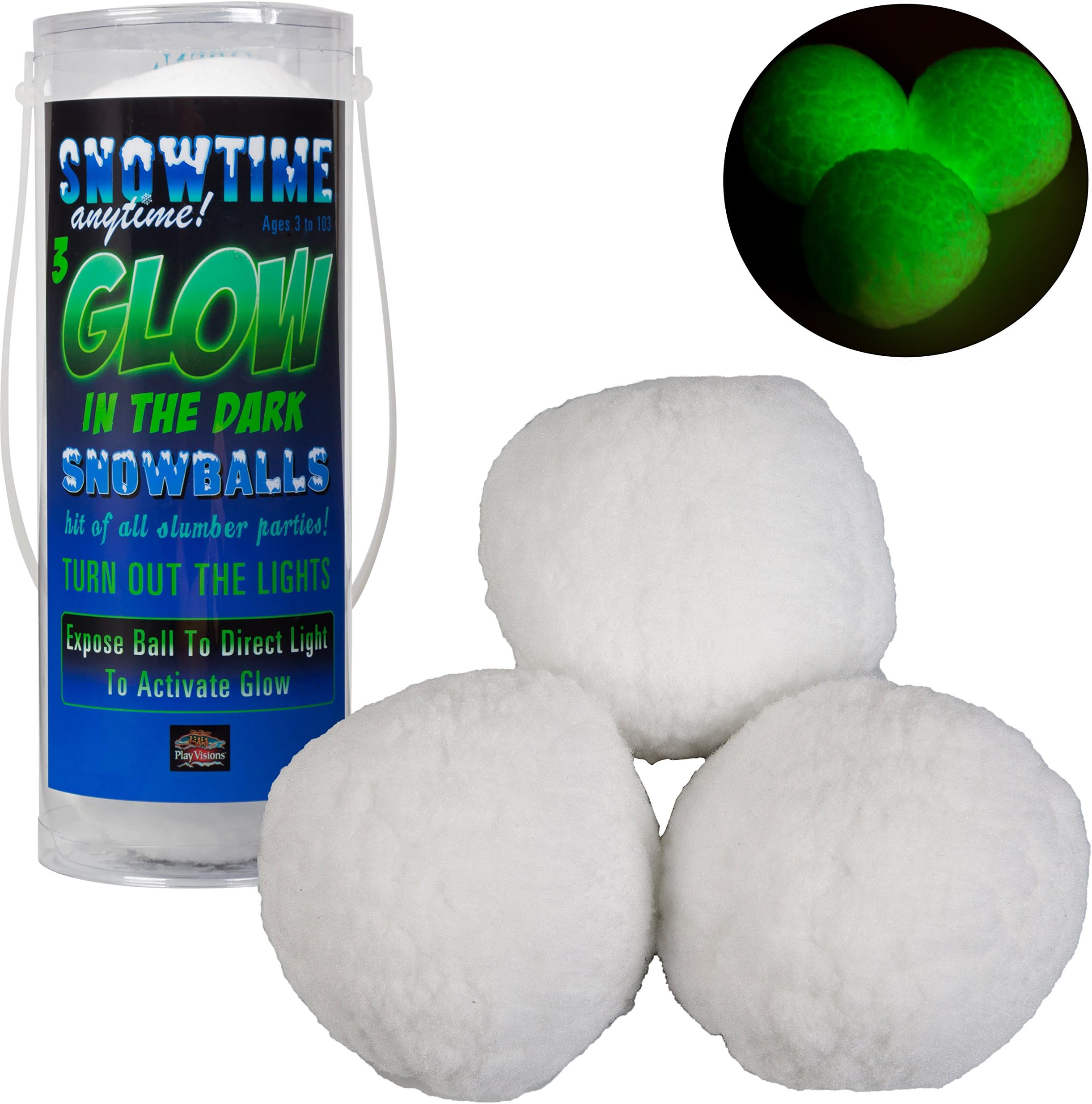 SNOWTIME ANYTIME Indoor Snowball Fight Glow in The Dark Snowballs - 3 pk - Safe, No Mess, No Slush