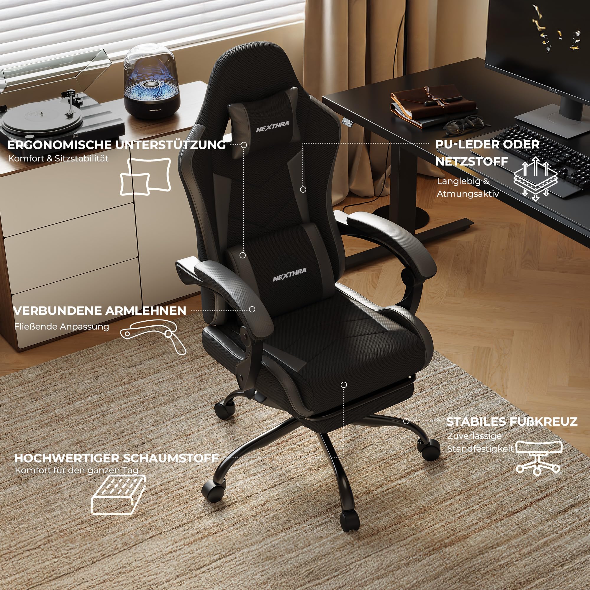 Nexthra Gaming Stuhl Ergonomisch mit Fußstütze, Gepolsterter Gamer Stuhl bis 180 kg, 150° Verstellbare Rückenlehne, Komfortabler Gamingstuhl Bürostuhl für Gaming und Büro, Schwarz