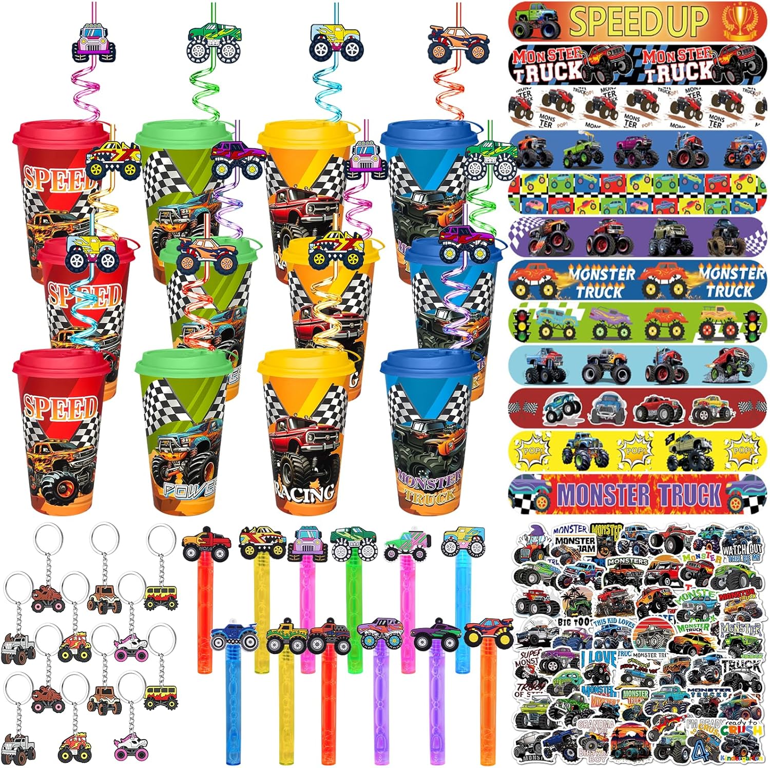 110 Pcs Monster Truck Party Favors Set Include Monster Truck Cups Reusable Drinking Straws Bubble Wands Slap Bracelets Keychain Mini Stickers for Back to School Goodie Bag Stuffer Pinata Filler Gifts