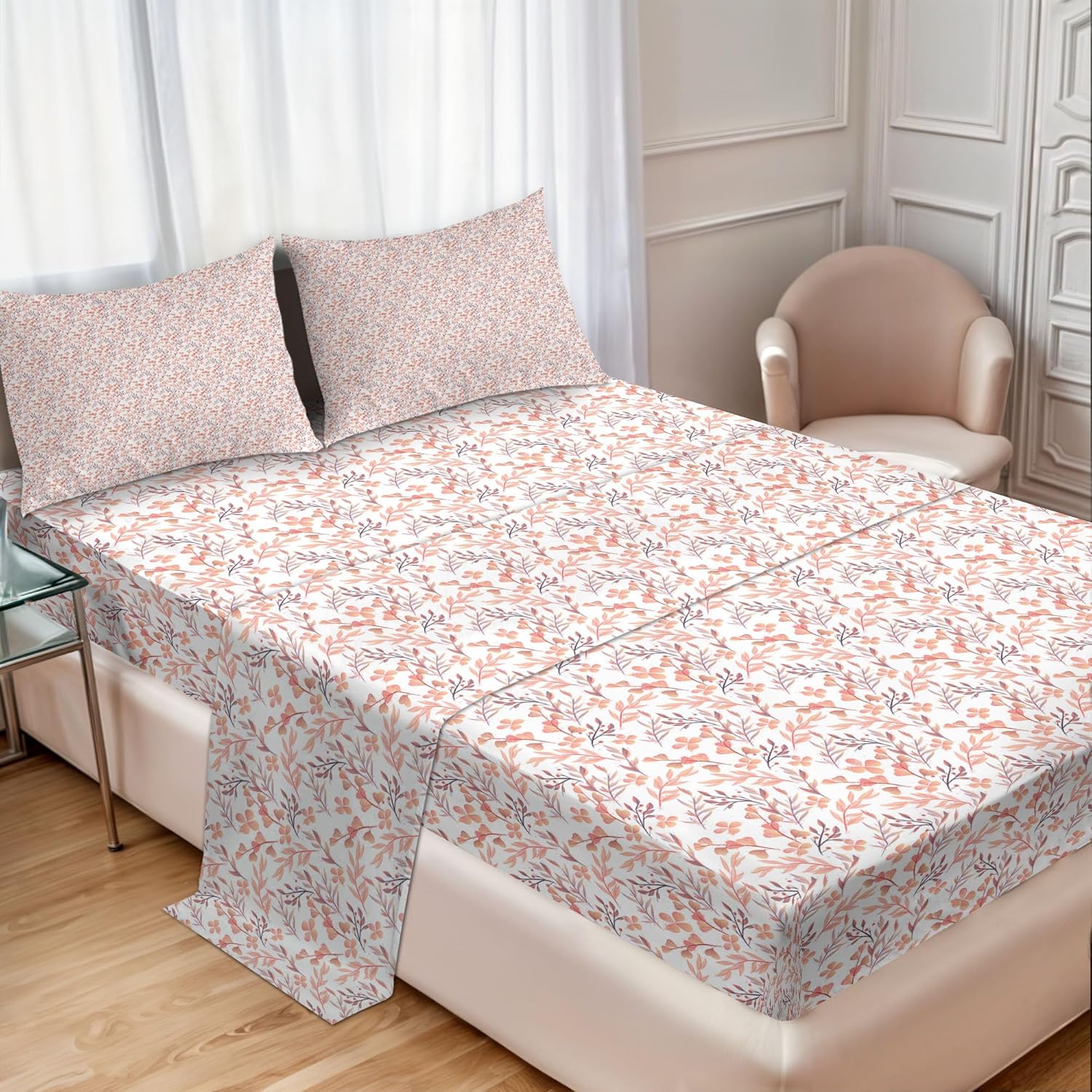 Ambesonne Floral Sheet Set, Peachy Feminine Theme Retro Flower Naive Natural Look Repeat Pattern, Fitted and Flat Sheet with Pillowcases Bedding Accent 4 Piece Set, Queen, Peach