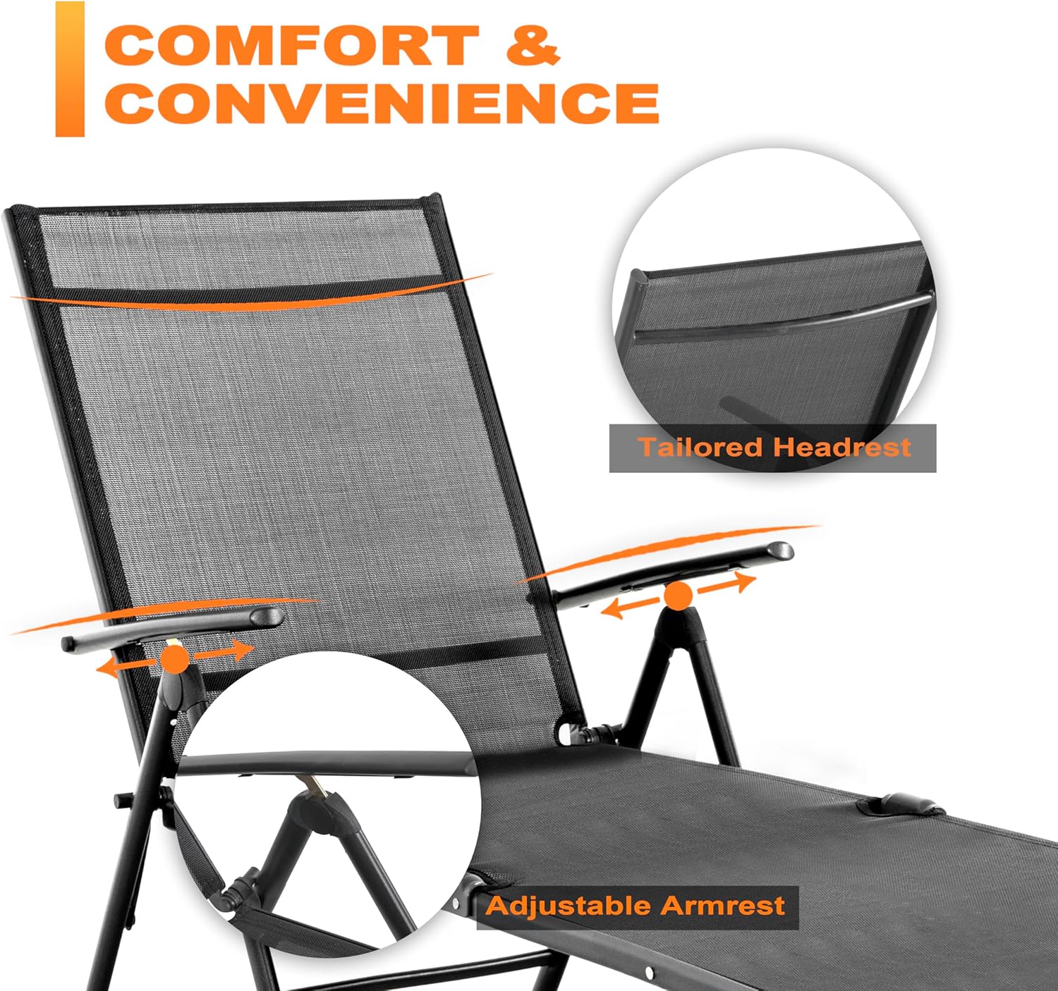 NUU GARDEN Outdoor Patio Lounge Chair, Patio Chaise Lounge Fully Assembled Chaise Lounge with Iron Frame and Textilene Fabric Lounge Chairs for Patio, Beach, Yard, Pool,Grey