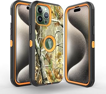 15 Pro Max Camo Design Defender Case, Protective Defender Shockproof Hybrid Case Dual Layer Design Hard Cover Compatible with iPhone 15 Pro Max Camo Orange Tree
