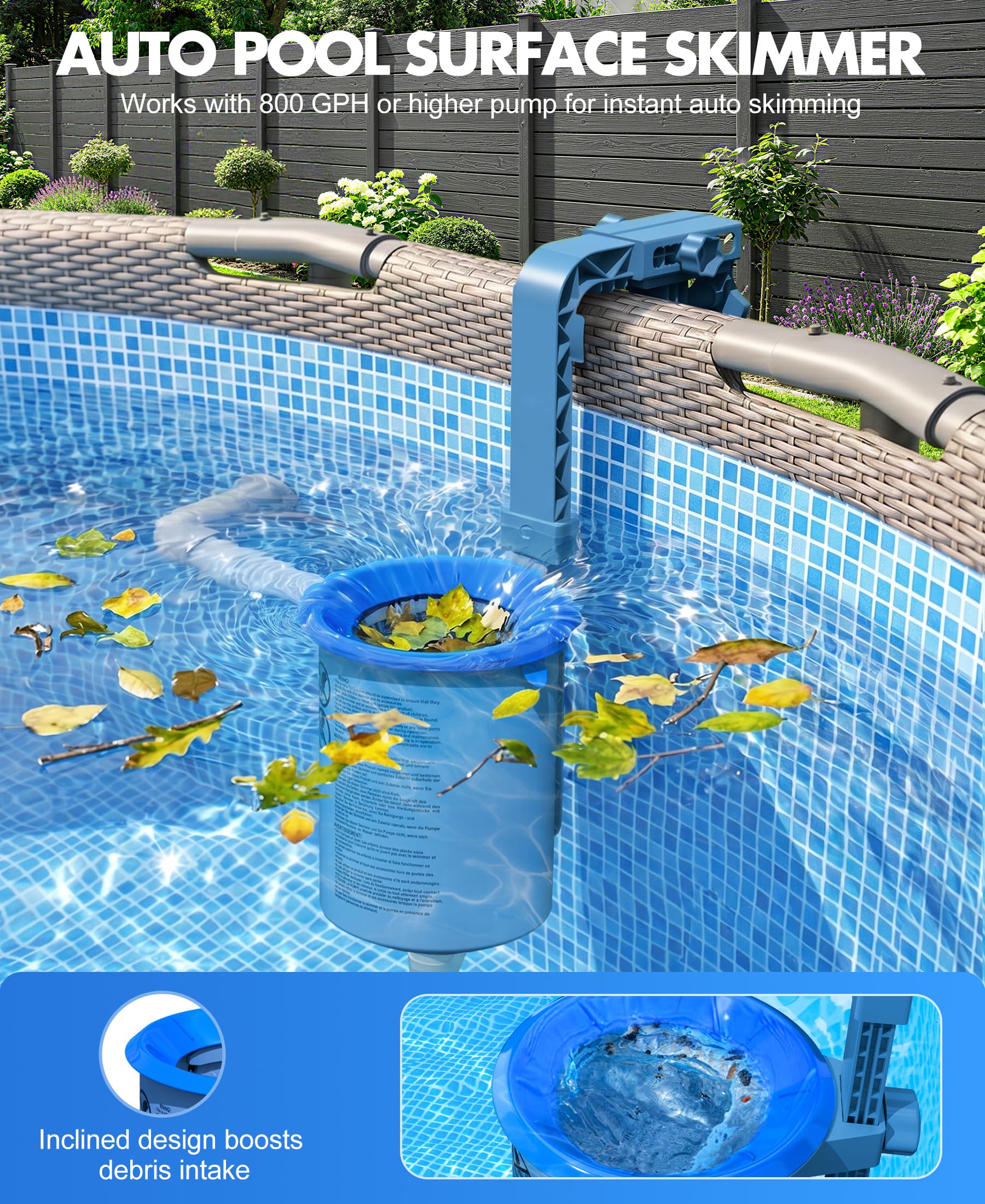KIrSwp 2026 - Skimmer de piscina sobre el suelo con 3 calcetines de skimmer | Skimmer de superficie de montaje en pared, soporte mejorado - Antiinclinación | Cesta flotante extraíble para piscina