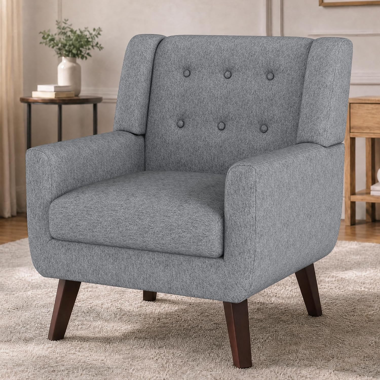 Sillón moderno tapizado en lino color gris miniatura 1