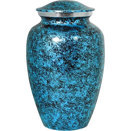 Alpha Living Home Cremation Urn for Human Ashes, Blue, Adult | Aluminum metal, marble finish, 200+ cu in capacity, 11x6.5 in, screw-top lid, handcrafted engraving