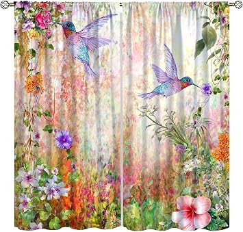 Birds Curtains for Kitchen,Vintage Nature Rustic Forest Plant Flower Colorful Bird Fly Window Treatments for Girls Bedroom Living Room 42x45inNo Blackout