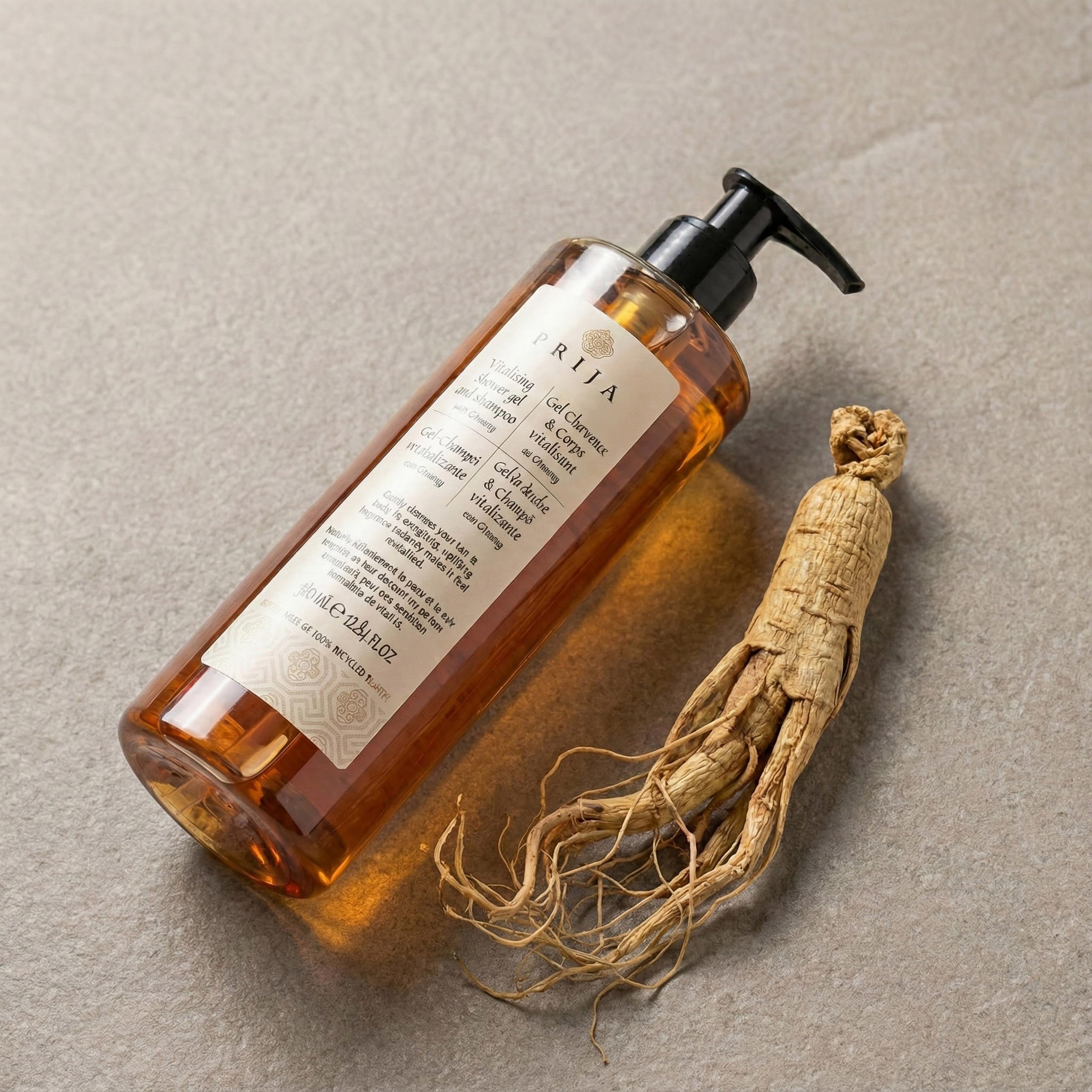 PRIJA Champú-gel de ducha líquido 2 en 1 con extracto de ginseng, con dosificador, vegano (18x380ml)