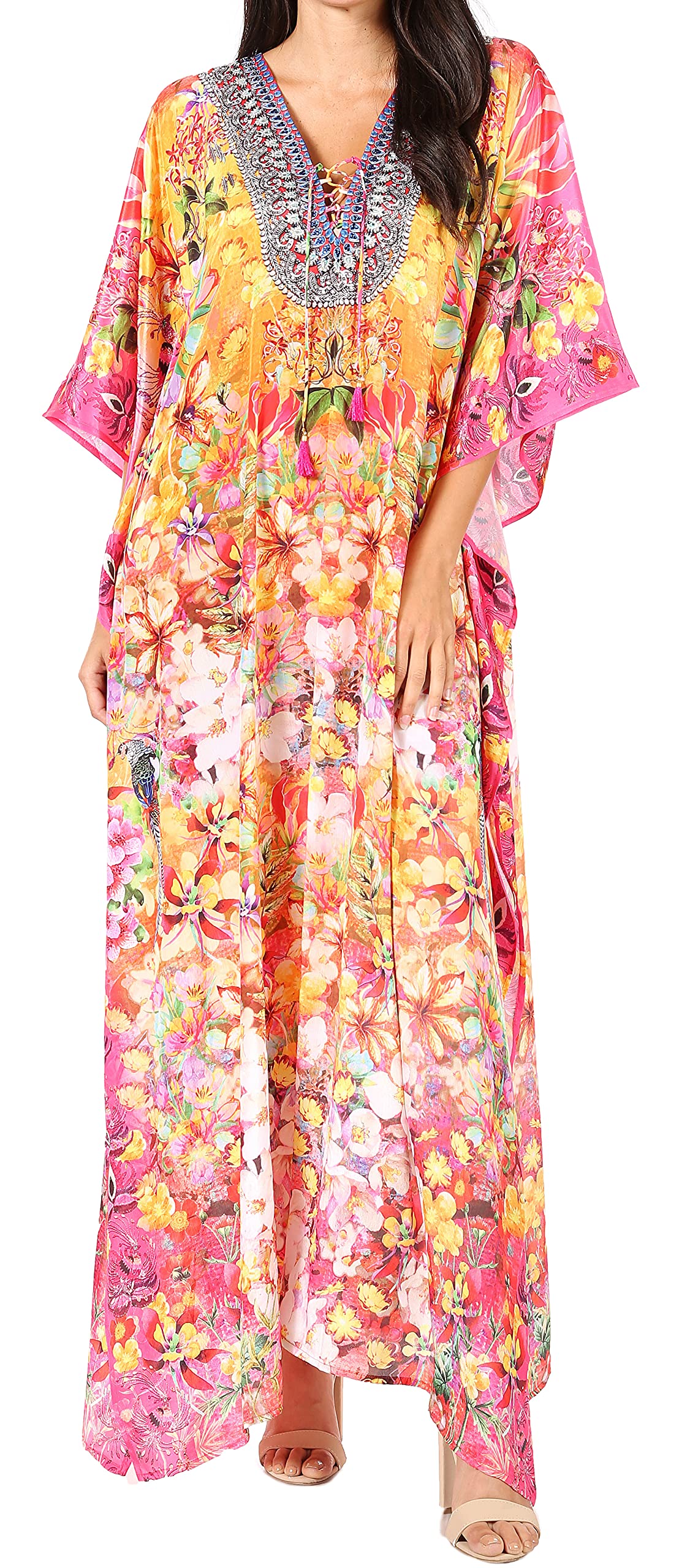Sakkas Yeni Women's Short Sleeve V-Neck Summer Floral Long Caftan Dress Cover-up
