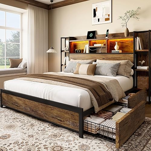 Base de cama tamaño Queen con 4 cajones de almacenamiento y cabecero con almacenamiento de estantes, marco de cama de plataforma de madera con luces