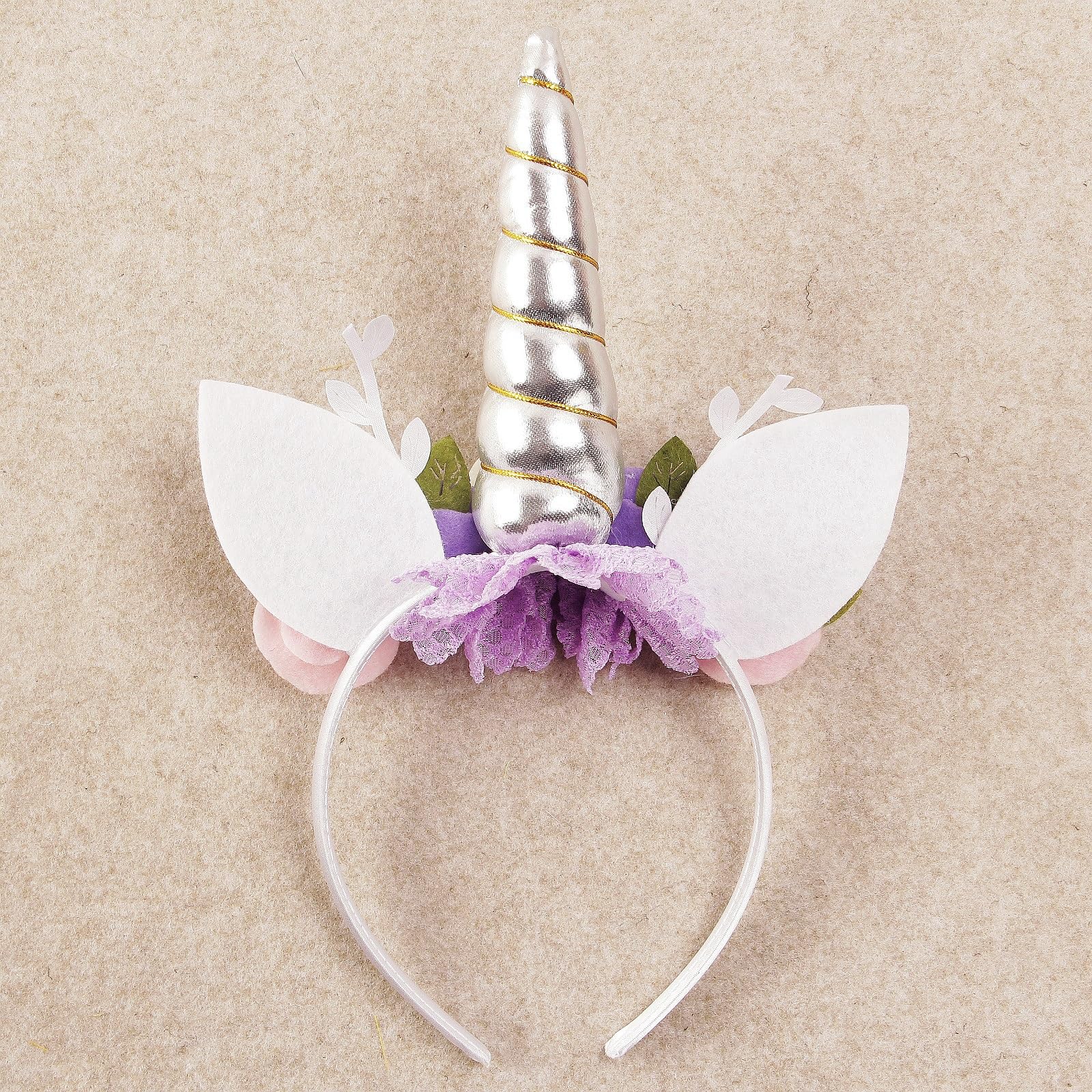 Nishine Unicorn Headband Nonwoven Flowers Cat Ears Pony Head Bands Tiara Glitter Horn for Cosplay Unicorn Party Supplies (Silver,ivory) - Image 3
