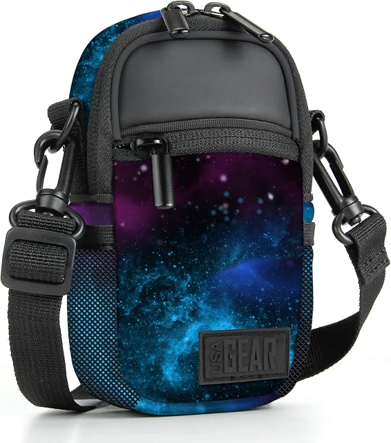 USA GEAR Compact Camera Case (Galaxy) Point and Shoot Camera Bag with Accessory Pockets, Rain Cover and Shoulder Strap - Compatible with Sony CyberShot, Canon PowerShot ELPH, Nikon COOLPIX and More