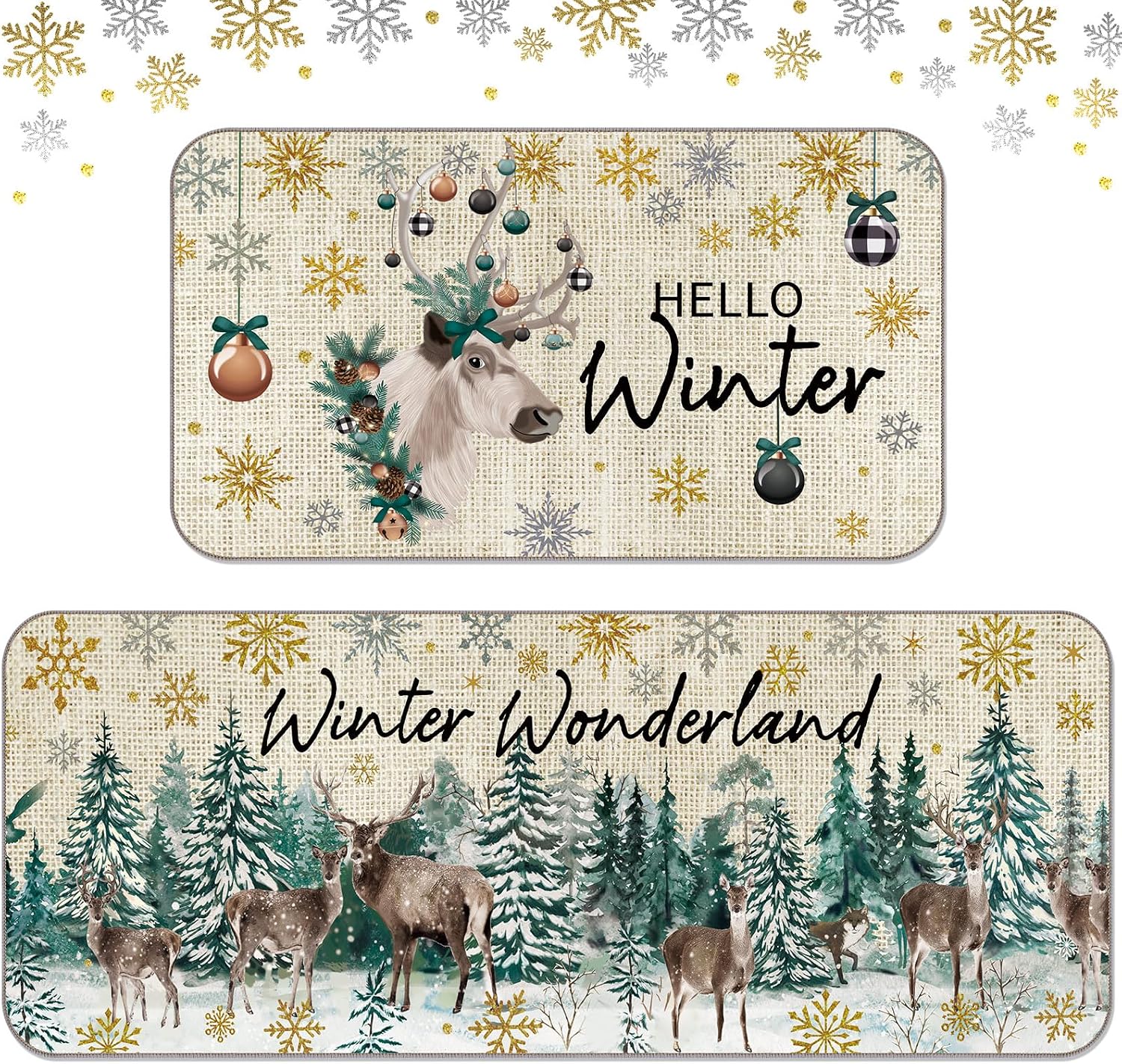 Duraaamo Set of 2 Winter Wonderland Kitchen Rugs and Mat Hello Winter Decorative Kitchen Rug Snowflake Reindeer Snowy Pine Doormat Farmhouse Non Slip Floor Mat for Home Holiday Decor 17x29, 17x47 Inch