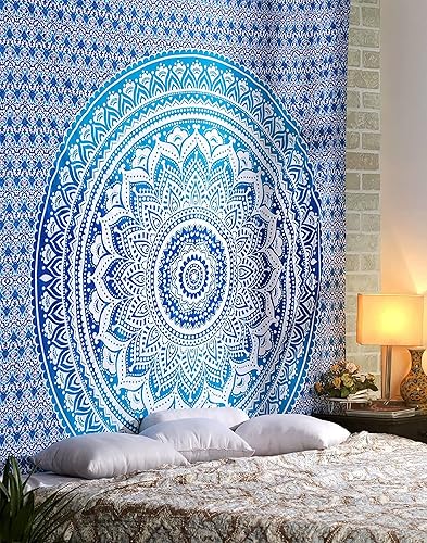 Miniatura 2 de Tapiz de mandala para decoración de dormitorio y sala de estar tapices de algodón bohemios para colgar en la pared azul degradado 84 x 54 pulgadas