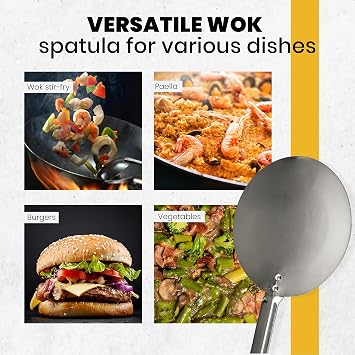 Machika Skimmer with Wooden Handle | Wok Spatula for Cooking | Metal Spatula for Burgers and Vegetables, Rice Spatula for Paella | Stainless Steel - 19.6 inch |