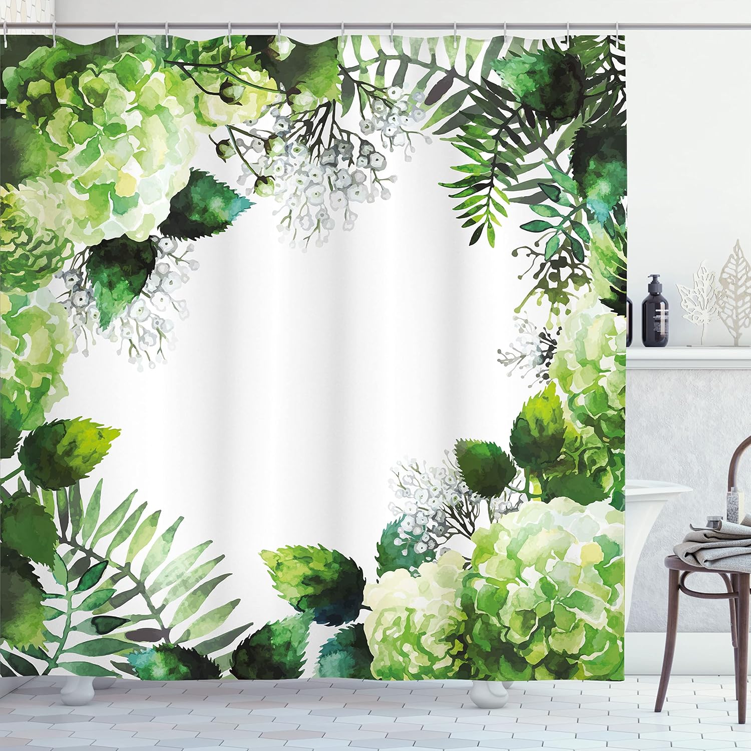Ambesonne Nature Shower Curtain, Hydrangea Flowers Foliage Leaves Fern Tropical Plants Watercolor Artwork, Cloth Fabric Bathroom Decor Set with Hooks, 69" W x 84" L, Fern Green