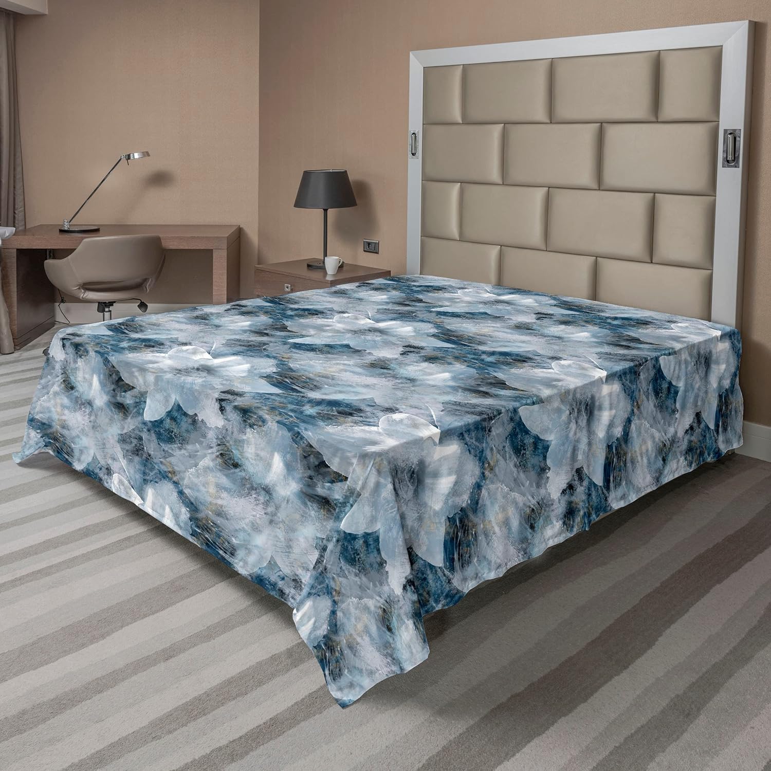 Ambesonne Floral Flat Sheet, Geometric Style Retro Flower Petals with Striped Details Print Artwork, Soft Comfortable Top Sheet Decorative Bedding 1 Piece, Queen Size, Petrol Blue and Cinnamon