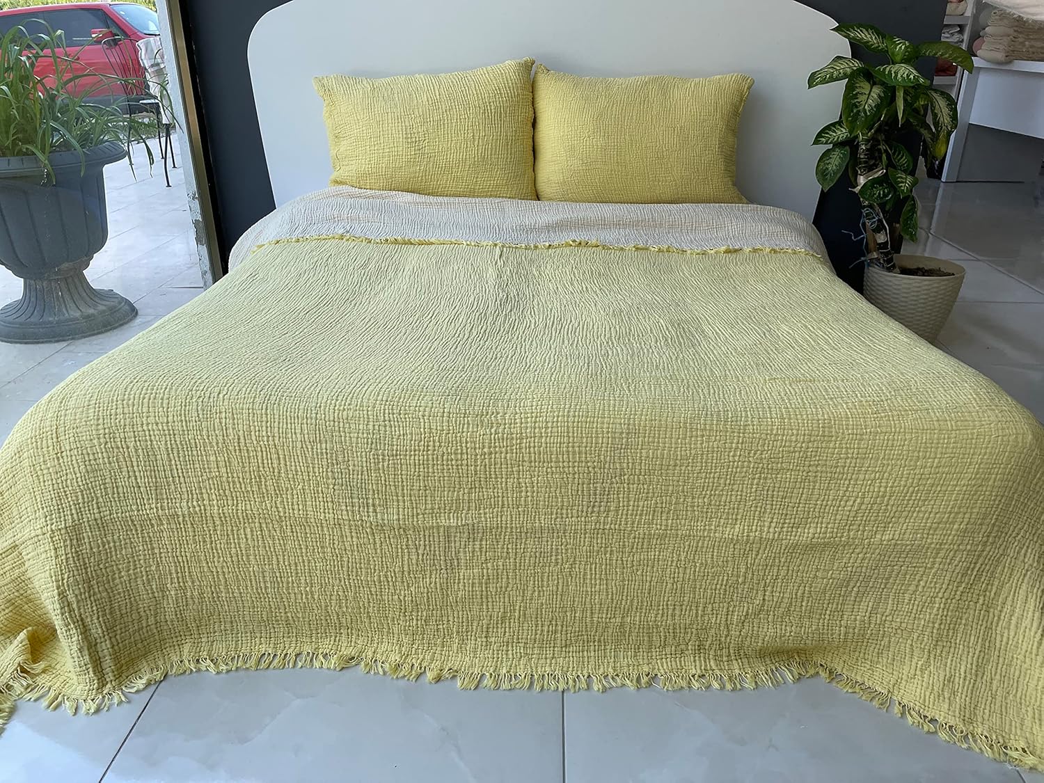 DEKADRON 100% Cotton Muslin Throw Blanket, 4 Layers Bedspread, Soft Turkish Cotton Muslin Bed Cover, Reversible Coverlet, Yellow (Two Pillowcase 20x30)