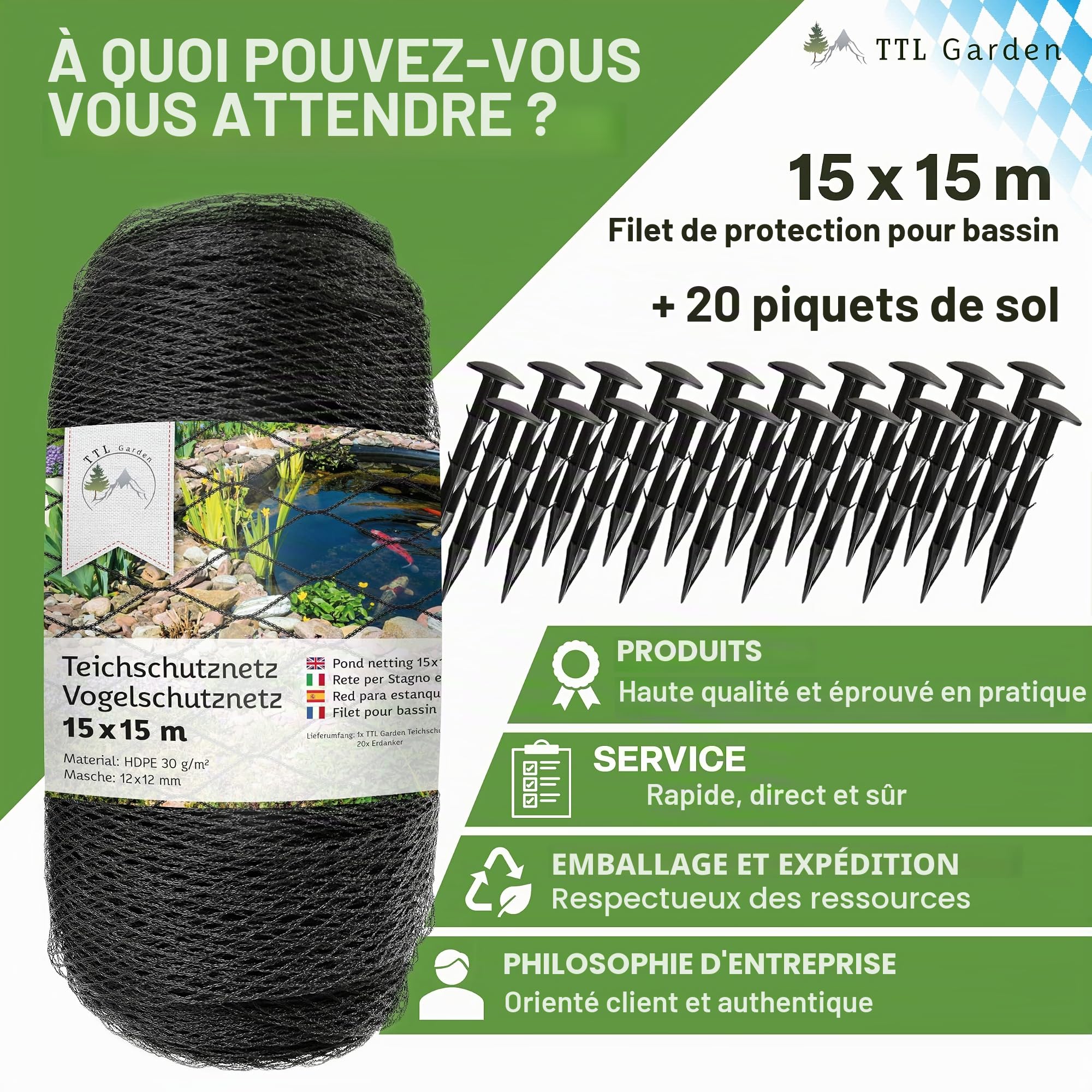TTL Garden - Filet de protection contre les oiseaux - 15 x 15 m - Noir - 30 g/m² - 12 x 12 mm - Maille fine - En polyéthylène haute densité - Filet de protection pour arbres fruitiers - Filet