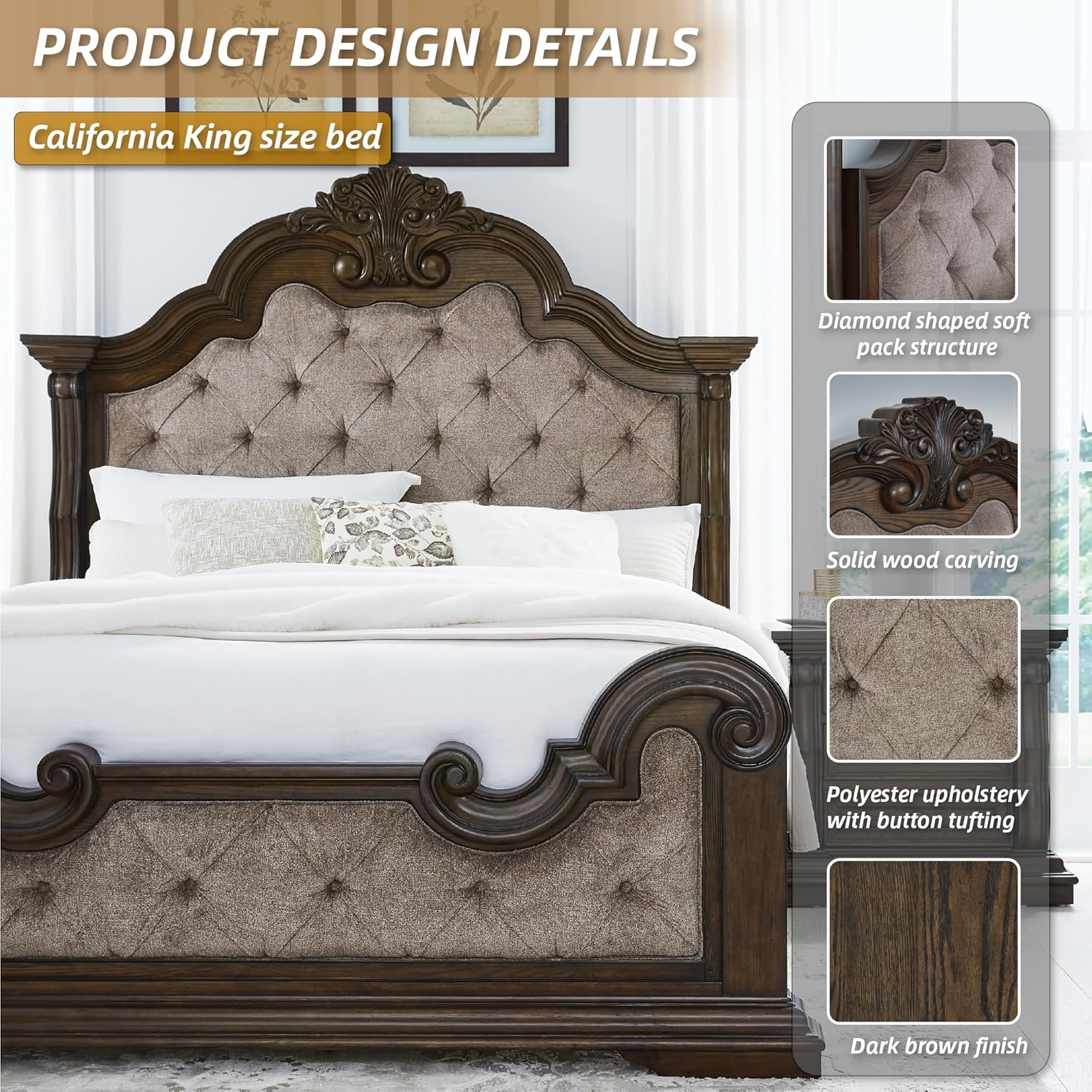 Signature Design by Ashley Maylee Traditional Tufted California King Upholstered Panel Bed, Foundation or Box Spring Needed, Dark Brown & Beige