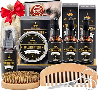 FULLLIGHTTECH 10-in-1 Beard Kit for Men: 3 Scented Oils, Wash, Balm, Brush, Comb, Scissors - Grooming Gift for Dad, Husband, Boyfriend