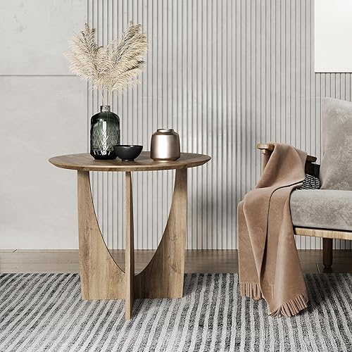 Miniatura 2 de Mesa auxiliar redonda, mesa auxiliar estética moderna con chapa de roble, mesa decorativa de madera para sala de estar, dormitorio (A, natural)