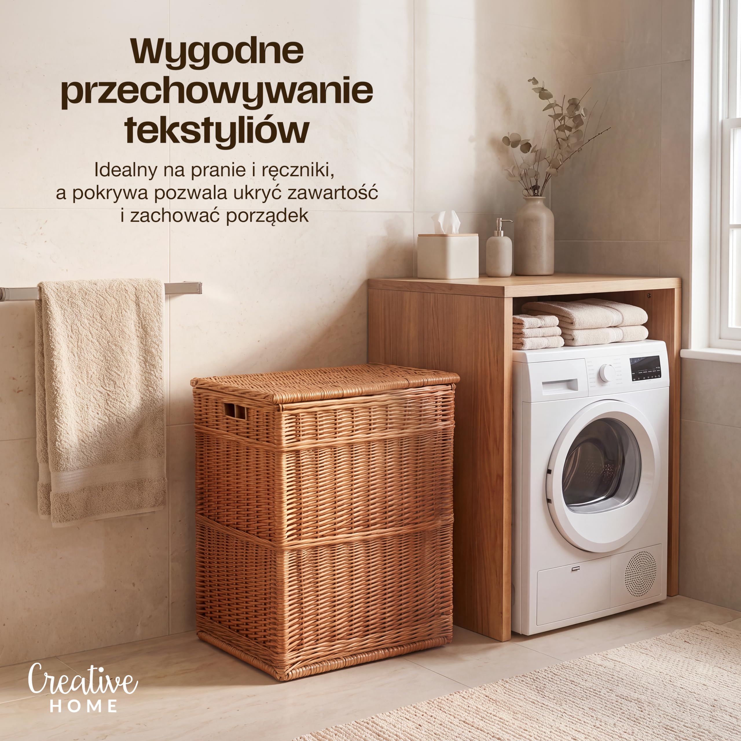 Creative Home Wiklinowy Kosz na Pranie z Pokrywą 50 x 40 x 60 cm (+/-1-3cm)