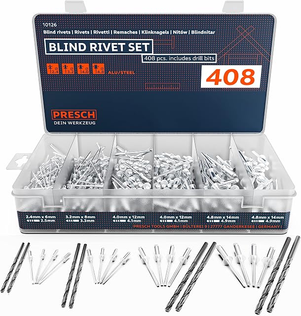 Presch Blind Rivets Assorted 408 pcs. incl. 8 HSS Drill bits - 400 Aluminium/Steel Rivet Assortment 2.4, 3.2, 4.0 and 4.8 mm and 8 Matching HSS Drill bits 2.5, 3.3, 4.2 and 4.9 mm