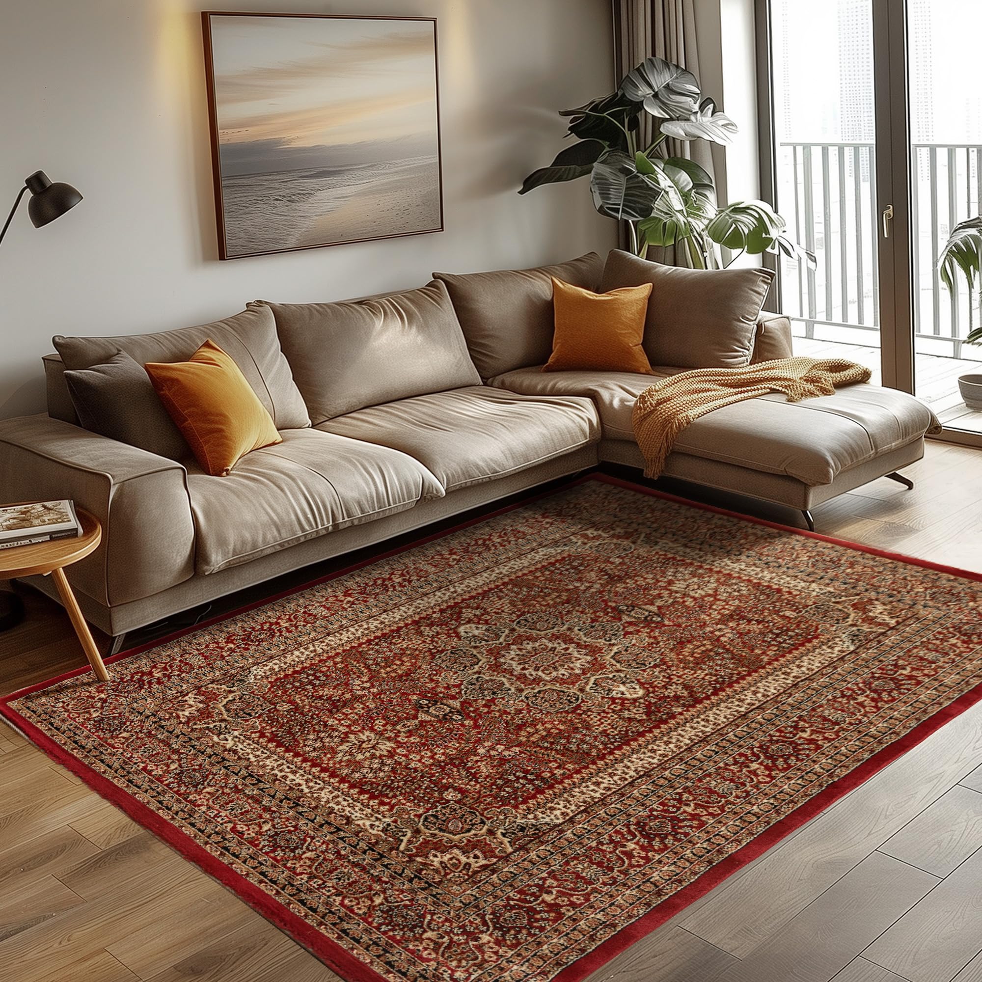 Carpettex Kurzflor Orientalischer Teppich - Klassisch Optik Webteppich Rot 120 x 170 cm - Vintage Wohnzimmerteppich Schlafzimmer Weich Waschbar Küchenteppich