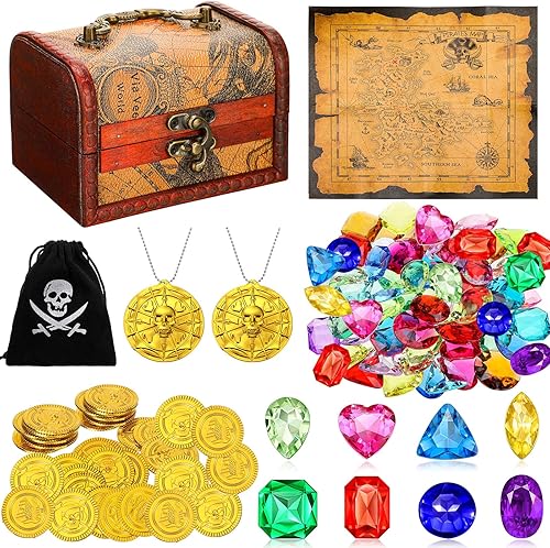 Miniatura 8 de Yookeer 88 piezas de cofre del tesoro pirata para niños, cofre del tesoro grande de color antiguo, caja de pirata, caza del tesoro, mapa pirata,