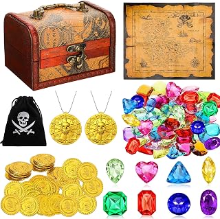 Yookeer 88 Pcs Pirate Treasure Chest for Kids, Antique Color Big Treasure Chest Box, Hunt Map, Gold Coins, Necklaces, Gems for Pirate Themed Party Favors(Map Style)