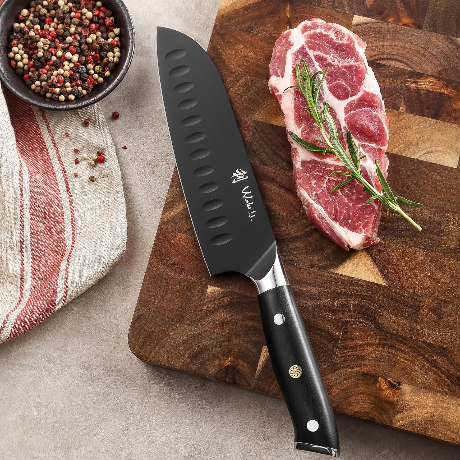 Wakoli Titanium Noir Santoku Knife – 7.1-Inch Professional Chef Knife | 5Cr15MoV Stainless Steel Blade with Black Titanium Coating | Ergonomic G10 Handle | Razor-Sharp Kitchen Knife in Gift Box