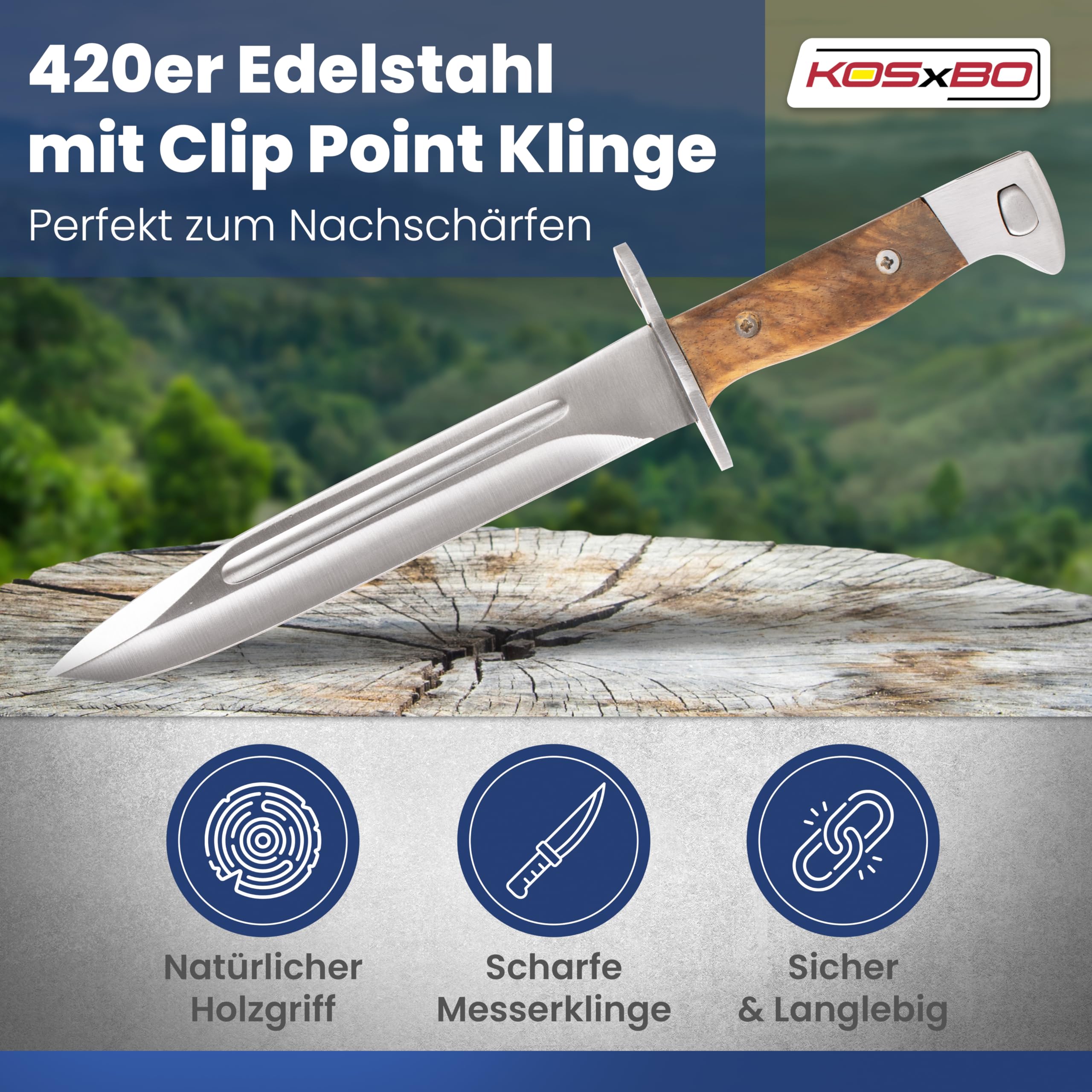 KOSxBO® AK UDSSR 47 Messer Bajonett inklusive Lederhülle Länge 31 cm AK Abfangmesser Jagd Angeln