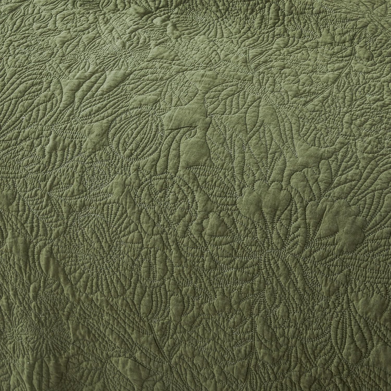 Brandream Olive Green Botanical Quilt Set Queen Size Cotton Cottage Sculpted Floral Vine Stitching Heirloom-Quality 3-Piece Quilt Bedding Set