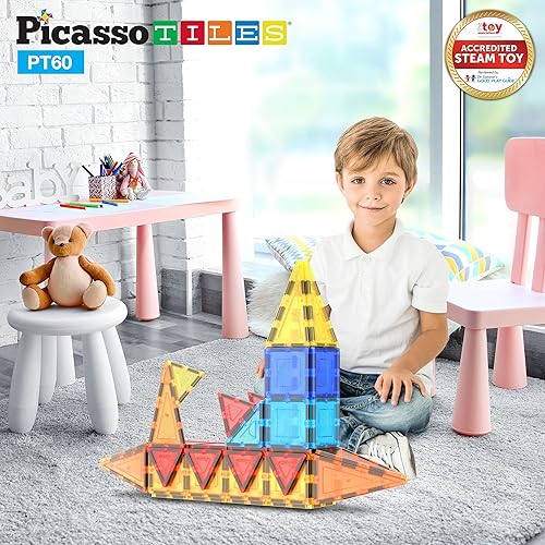 Miniatura 9 de PicassoTiles Paquete de 60 azulejos magnéticos + 30 piezas de pista de carreras de carreras divertido y creativo aprendizaje STEAM, mejora las